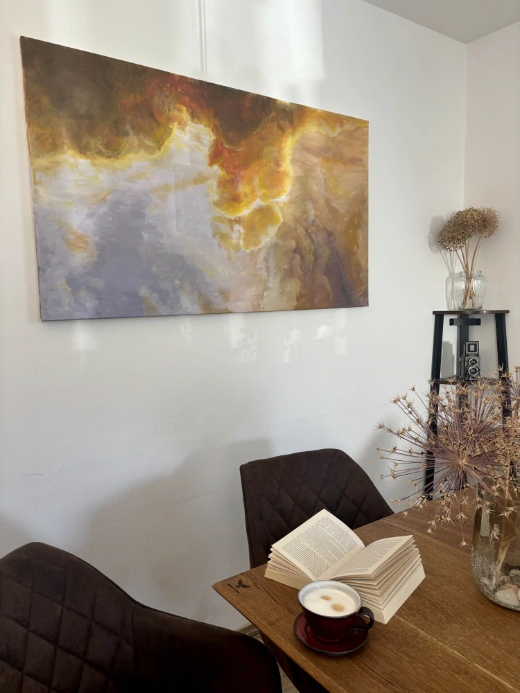 „Ohnivá obloha“ – originální malba na plátně 140×80 cm
