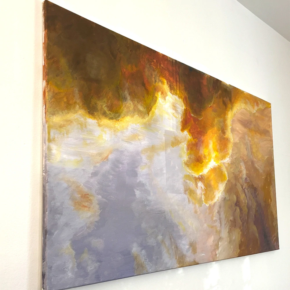 „Ohnivá obloha“ – originální malba na plátně 140×80 cm